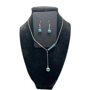Teal Blue Beaded Y Necklace and Earring Set